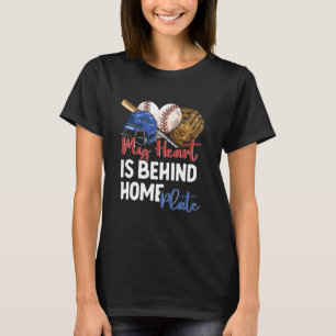 Camiseta Mãe Beisebol Softbol Meu Coração Está Atrás da Bas