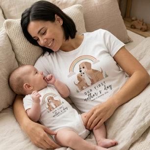 Camiseta Mãe Cachorro Filhote Primeiro Dia das Mães Pastel