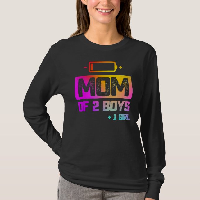 Camiseta Mãe De 2 Rapazes 1 Menina Bateria Baixa (Frente)