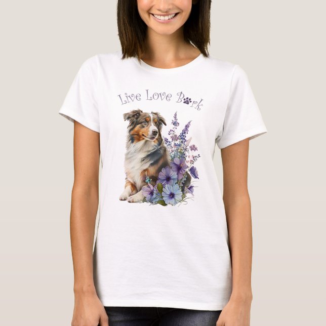 Camiseta Mãe de Australian Shepherd Floral (Frente)