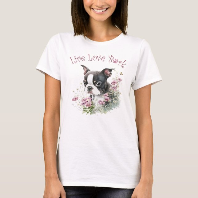 Camiseta Mãe de Cachorro Boston Terrier Floral (Frente)