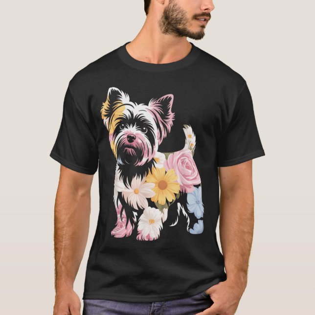 Camiseta Mãe de cachorro Yorkie fofa feminina floral (Frente)