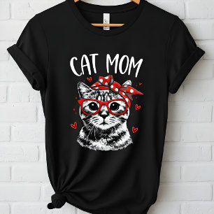 Camiseta Mãe de Gato Engraçada com Óculos e Bandana Feminin