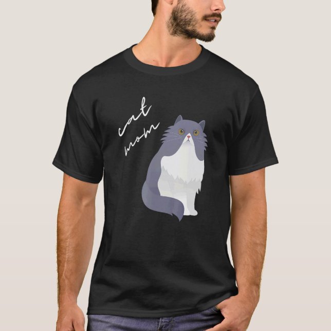 Camiseta Mãe de Gato Persa Branco e Cinza Para Gato (Frente)
