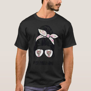 Camiseta Mãe de gato Sphynx com cabelo coque desarrumado e