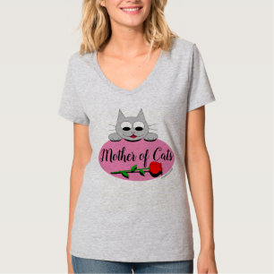 Camiseta Mãe de Gatos com Rosa vermelha Gato Lover V Pescoç