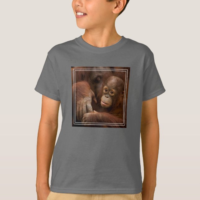 Camiseta Mãe de orangotango e bebê no zoológico (Frente)
