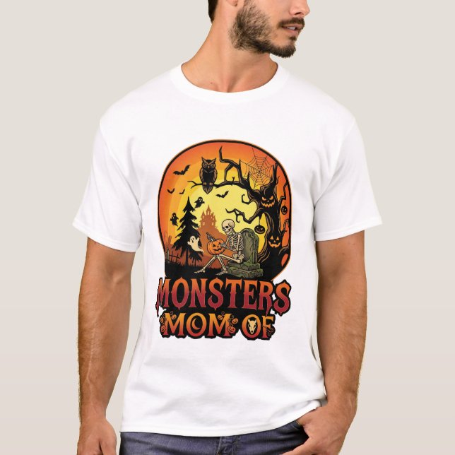 Camiseta Mãe dos Monstros Halloween Esqueleto Abóbora Coruj (Frente)