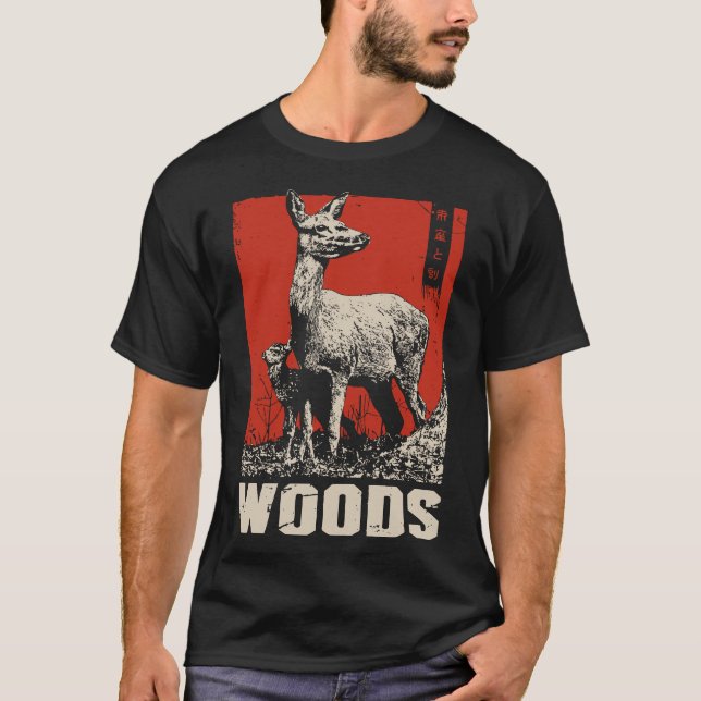 Camiseta Mãe e Bebê Deers na Floresta | Ukiyo-e (Frente)
