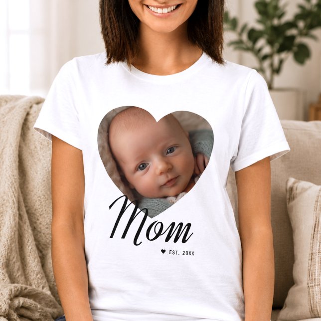 Camiseta Mãe Estabeleceu Roteiro Coração Foto Branco (Criador carregado)
