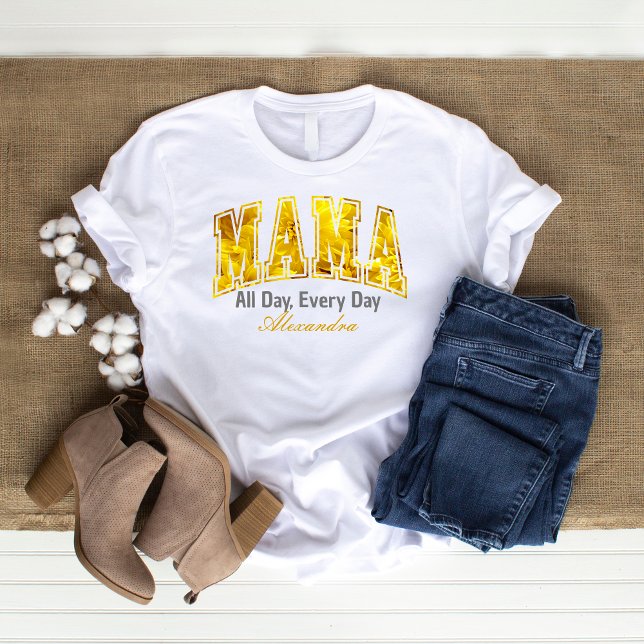 Camiseta Mãe Floral ouro O Dia Todo Mãe Personalizada (golden mama custom floral shirt)