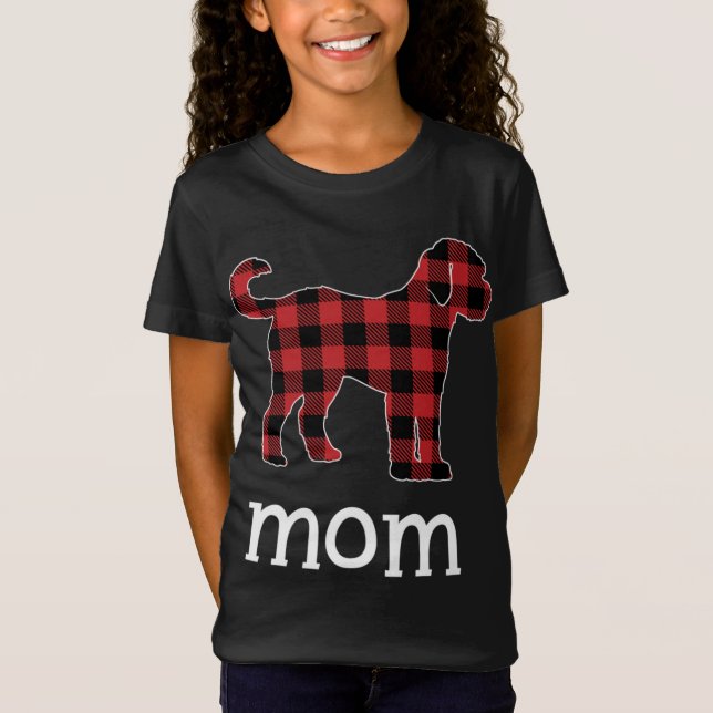 Camiseta Mãe Goldendoodle Red Xadrez Fama de Natal (Frente)