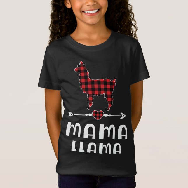 Camiseta Mãe Llama Natal Pajama Xadrez Vermelha Buffalo Fam (Frente)