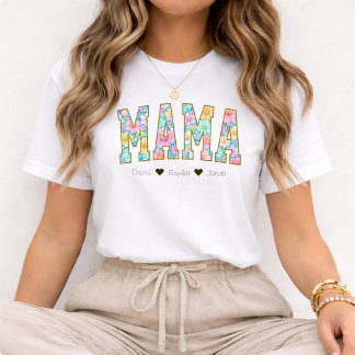 Camiseta Mãe Mamãe Floral Com Nomes dos Filhos Dia das Mães