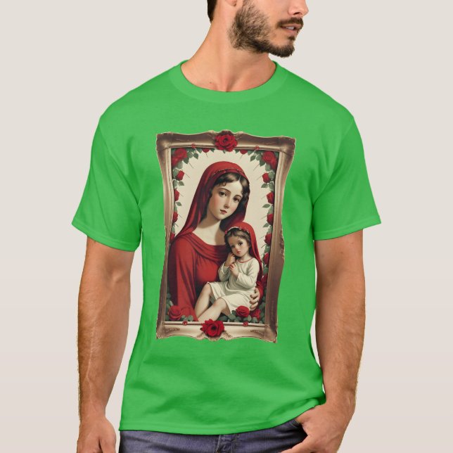 Camiseta Mãe Mary e Bebê Jesus em um quadro com Rosas b (Frente)