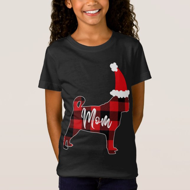 Camiseta Mãe Pug Cachorro Natal Mamãe Pajama Xadrez Vermelh (Frente)