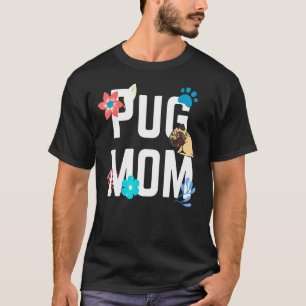 Camiseta Mãe Pug Flor de Primavera Fofo Vintage Retrô Cacho