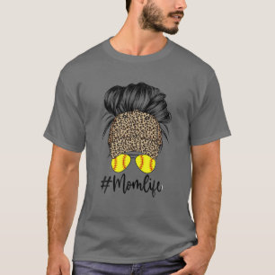 Camiseta Mãe Vida Softball Mensagem Bun Leopard Boné Mãe