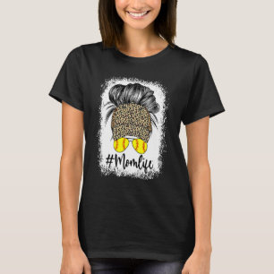 Camiseta Mãe Vida Softball Mensagem Bun Leopard Boné Mãe
