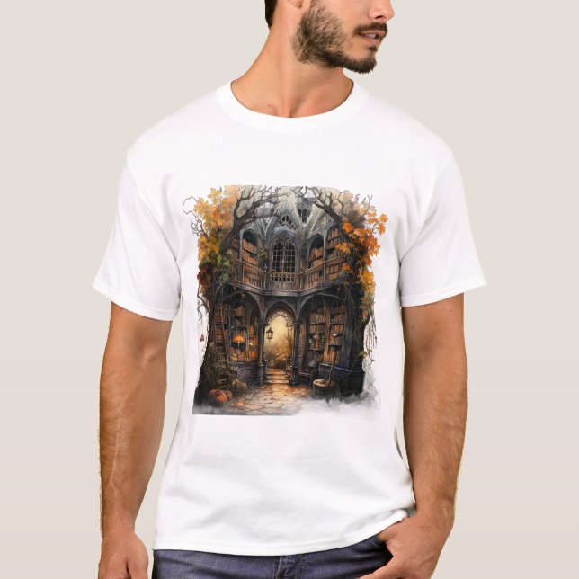 Camiseta Magical Autumn Book House Halloween Illustration (Frente)