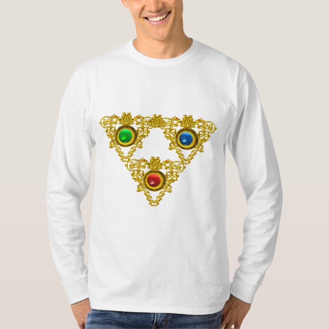 CAMISETA MÁGICO ELFIC TALISMAN/DOURADO TRIÂNGULO COM GEMSTO (Frente)