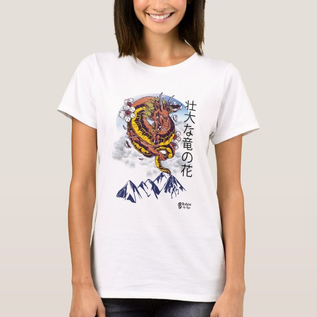 Camiseta Magnífica Dragão Flor Mulheres Brancas (Frente)