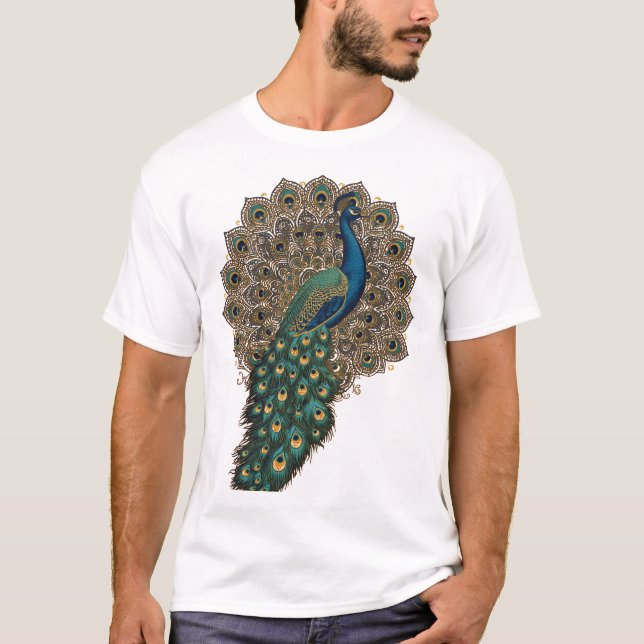 Camiseta Magnífico pavão com leque de penas artísticas (Frente)