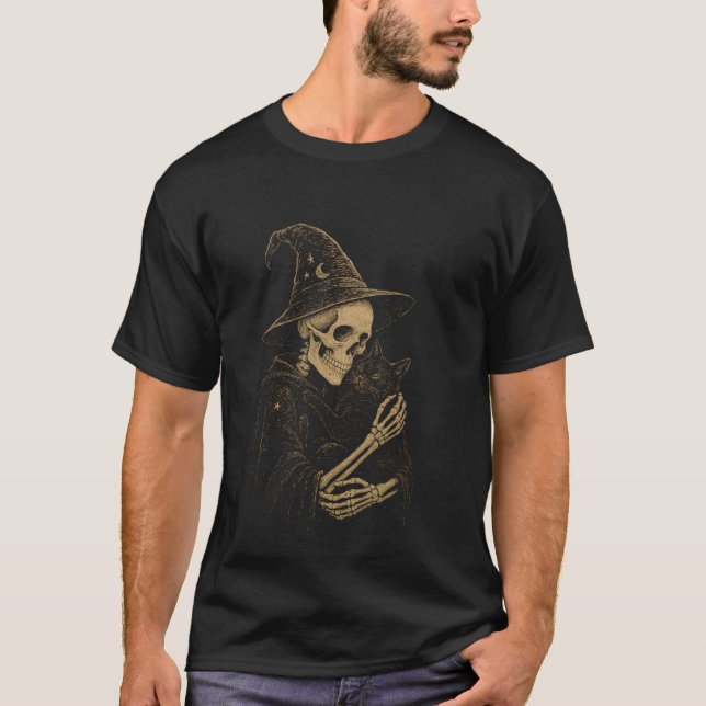 Camiseta Mago Esqueleto com Fantasia Oculta de Gato (Frente)