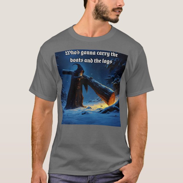 Camiseta Mago Medieval Transportando Toras (Frente)