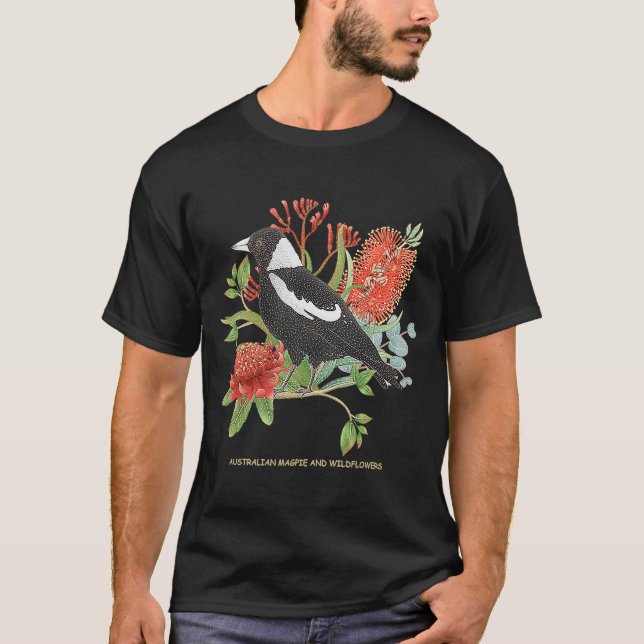 Camiseta Magpie australiano e flores silvestres (Frente)