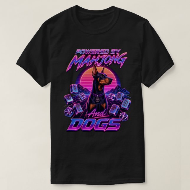 Camiseta Mahjong & Dogs Synthwave Doberman Arte (Frente do Design)