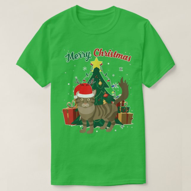Camiseta Maine Coon Cat Árvore de Natal Flocos de Neve Xmas (Frente do Design)