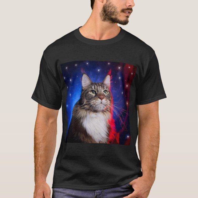 Camiseta Maine Coon Cat Com Azul Branco Vermelho Aura E Est (Frente)