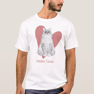 Camiseta Maine Coon Cat Watercolor Gatinho Coração Rosa
