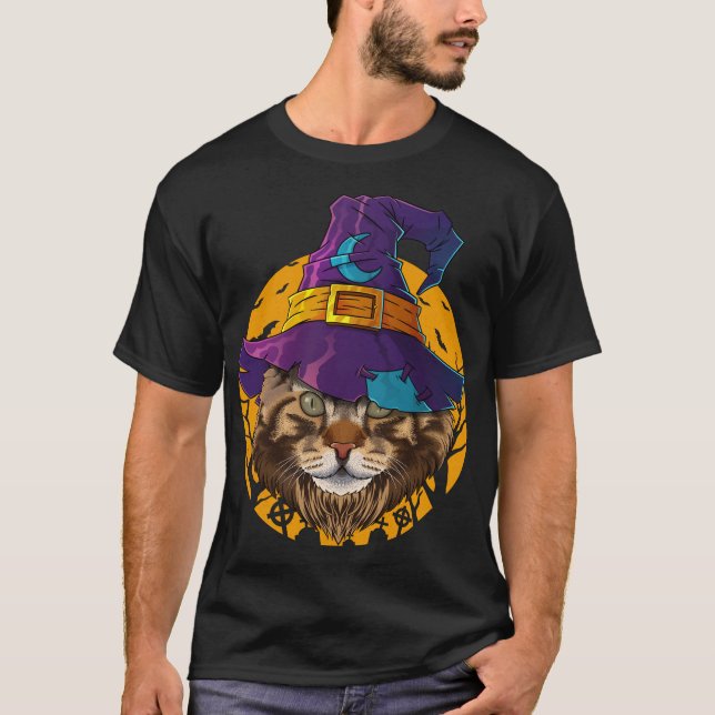 Camiseta Maine Coon Witch Dia de as Bruxas engraçado Costum (Frente)