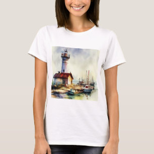Camiseta Maine Farol e barcos Arte Aquecida