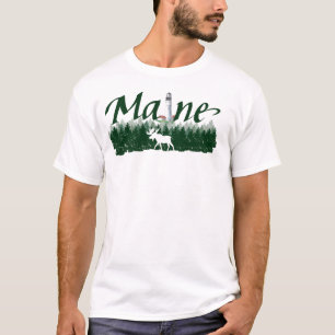 Camiseta Maine, farol, pinheiros, alce de silhueta
