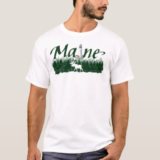 Camiseta Maine, farol, pinheiros, alce de silhueta
