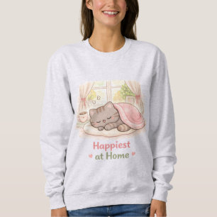 Camiseta Mais Feliz em Casa Kawaii Gatinho Fofo Caseiro