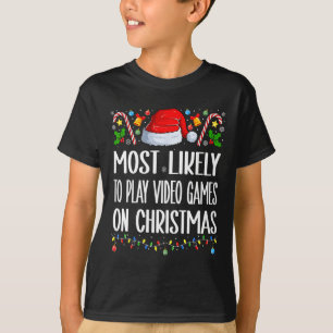 Camiseta Mais Propenso a Jogar Video Games no Natal Engraça