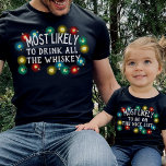 Camiseta Mais Provável Família de Natal Personalizada de Ci<br><div class="desc">Luzes de Natal neon coloridas com mais probabilidade com sua citação engraçada personalizada para camisas de seleção de família para festas de Natal, adicione sua própria descrição para cada membro da família, exemplos incluem: "mais propensos a dançar com Papais noeis", "mais propensos a estar na lista travessa", "mais propensos a...</div>