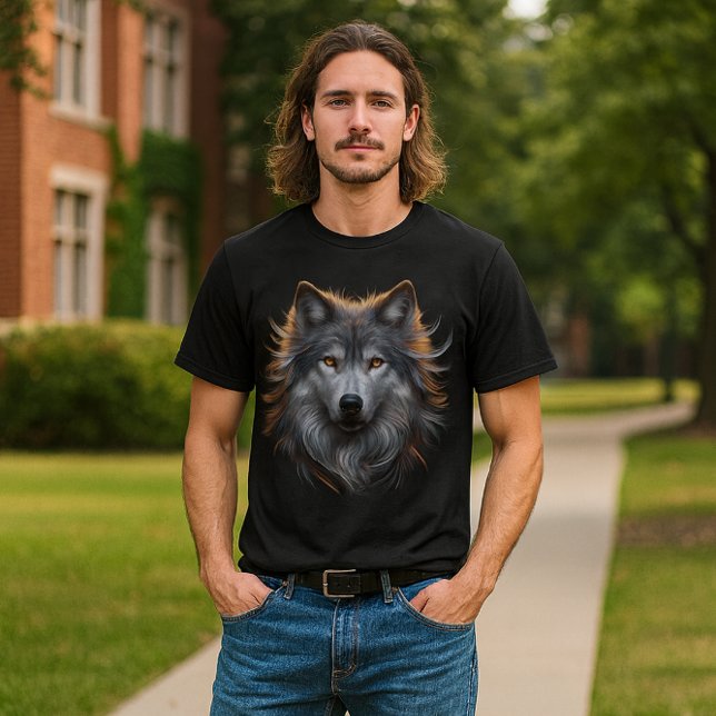 Camiseta Majestic Gray Wolf with Copper Eyes  (“Bold wolf art meets campus cool perfect for students who lead with instinct, style, and strength.”)