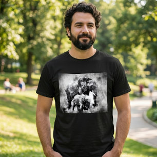 Camiseta Majestosa Elefanta Africana com Cria P&B