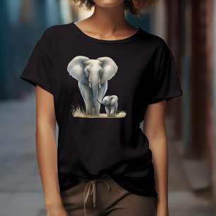 Camiseta Majestoso Elefante Africano e Bebê em Aquarela