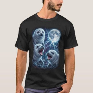 Camiseta Majestoso Três Foca Bebê Lua Relâmpago Oceano