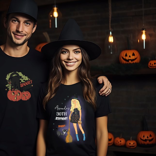 Camiseta Maldita Bruxa de Dia das Bruxas Negro (Spooky Witch Halloween Birthday Black T-Shirt ,couple mockup)