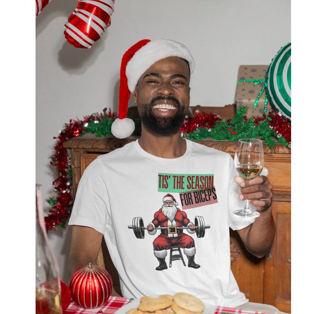 Camiseta Malhação Engraçada Bicep Curls Papais noeis Barbel (Tis' The Season For Biceps. A funny Christmas gym Swole Santa Shirt)