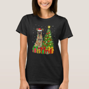 Camiseta Malinois Dog Lighting Xmas Tree Santa Hat Malinois