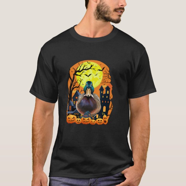 Camiseta Mallard Bird Com Pumpkins Engraçada Halloween P (Frente)