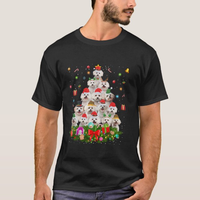 Camiseta Maltês Árvore de Natal Luz Cachorro Pupado (Frente)